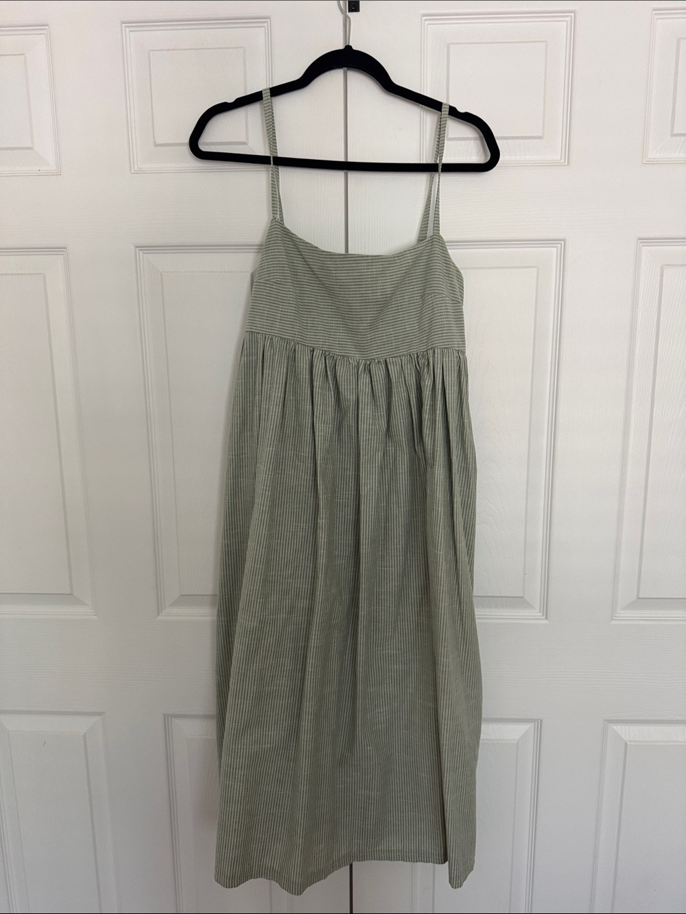 Striped Sage Green Spaghetti Strap Midi Dress